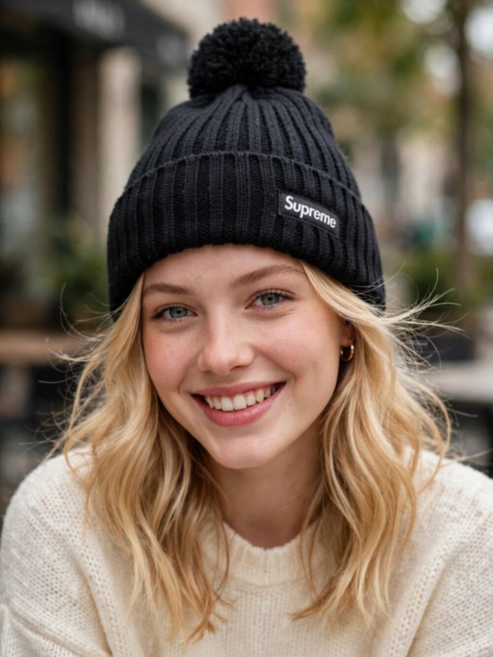 Supreme Black Pom-Pom Ribbed Knit Beanie | Winter Streetwear Hat